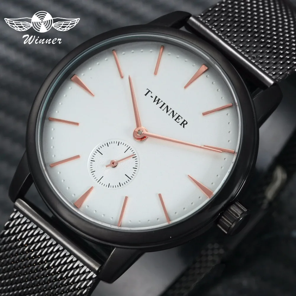 

WINNER Ultra Thin Men Mechanical Watch Rose Golden Genuine Leather Strap Top Brand Luxury Fashion Business Wrist Watches 2018