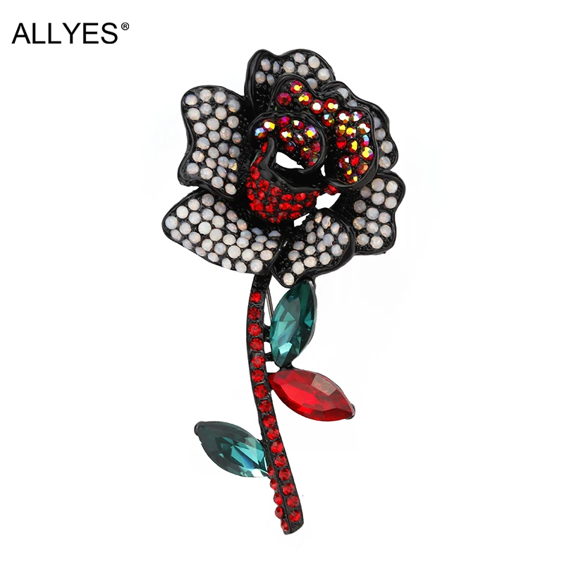 ALLYES Rose Flower Brooch Female Jewelry Elegant Beautiful Party Weeding Vintage Crystal Large Brooches For Women Girls Gift Fashion Jewelry