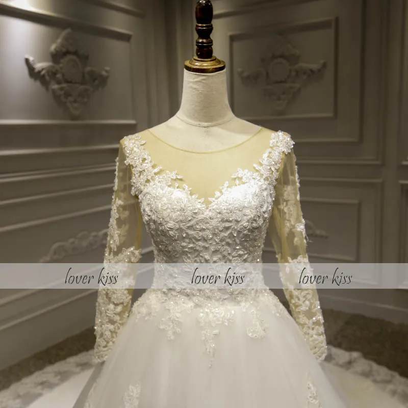 Lover Kiss Vestido de casamento прозрачное свадебное платье с длинными рукавами Роскошный вышитый бисером кружева для невесты свадебные бальные платья Vestido De Noiva