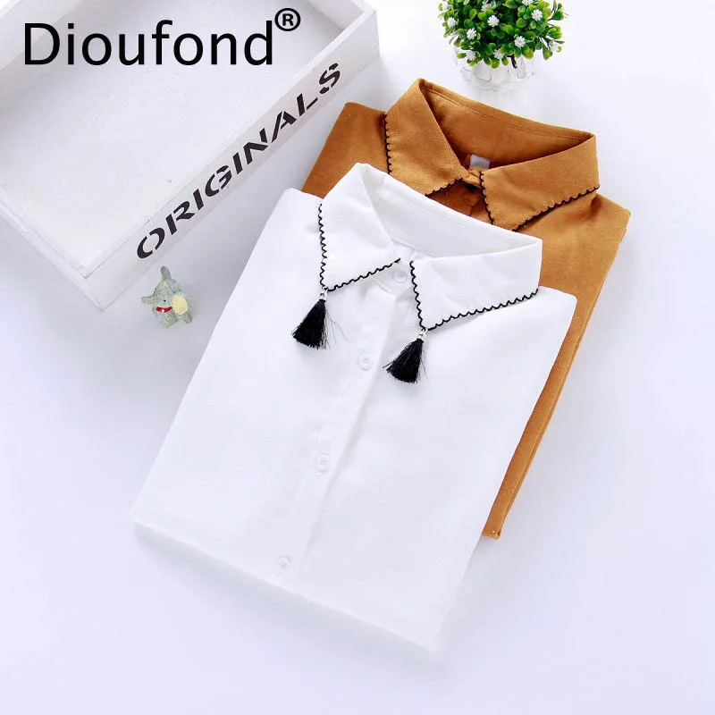 Dioufond Turn Down Collar Female Tops White Tassel Preppy Style Blouse Long Sleeve Shirt Solid Women Fashion Blouses 2018 Spring |
