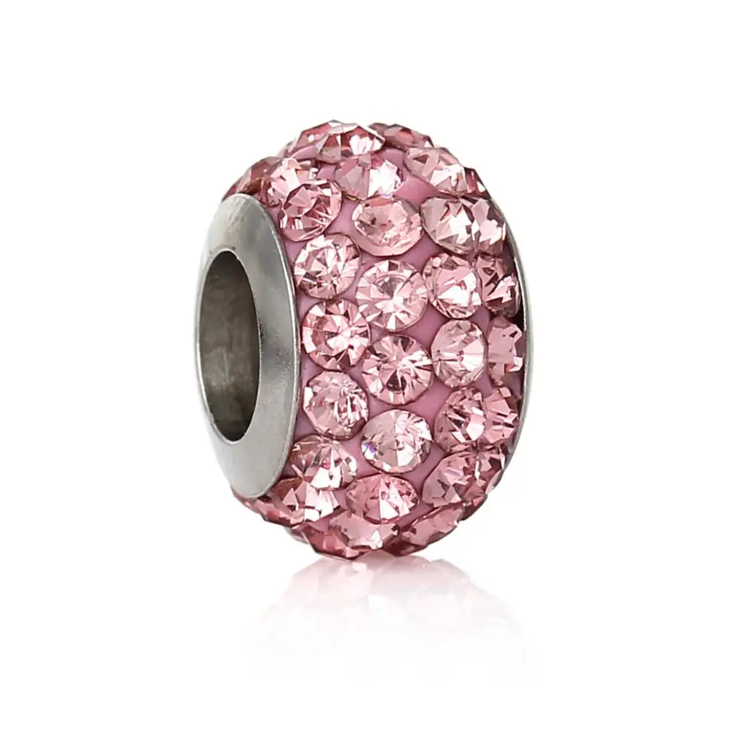 

DoreenBeads Stainless Steel European Style Charm Beads Round silver tone color Pink Rhinestone About 12mm,Hole: Approx 5mm,1 PC