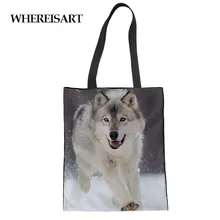 WHEREISART женская сумка для покупок с 3D принтом волка, Повседневная пляжная сумка, Студенческая сумка на плечо, Повседневная Складная сумка, сумка для покупок