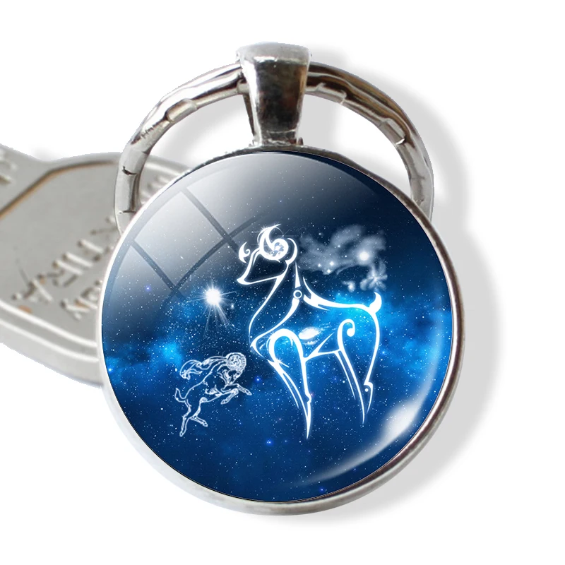 

Birthday Gift Cute Cabochon Zodiac Signs Keyrings Aries Leo Constellations Keychains Virgo Pisces Key Chains Rings Pendant Women