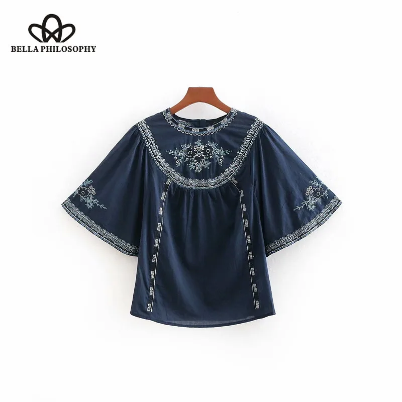Wonder 2018 autumn vintage o neck embroidery pleat smock blouse shirt women back button casual femininas blusas retro pullover
