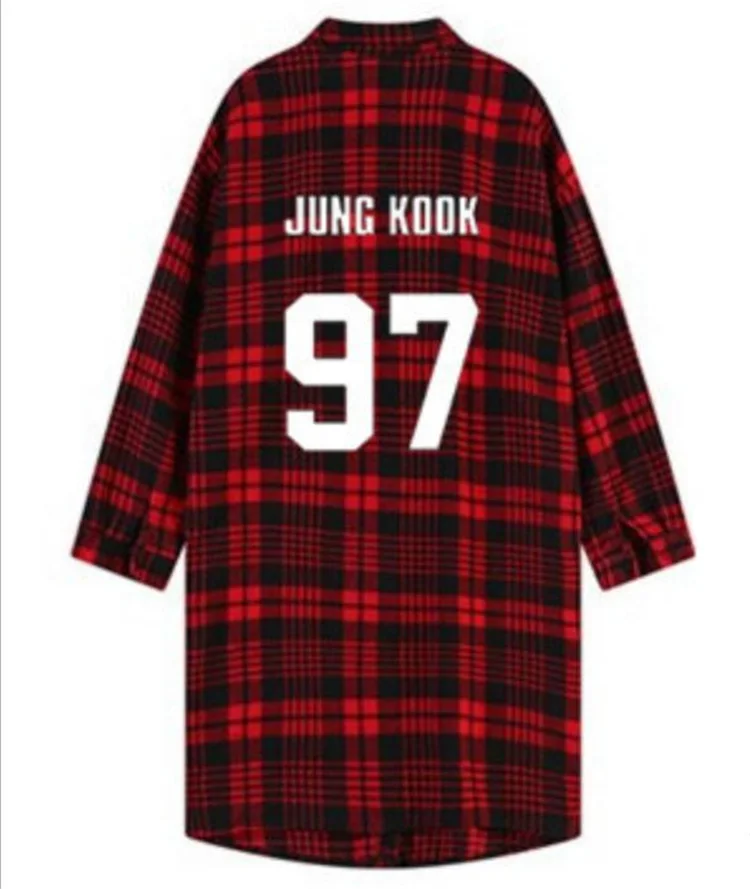 

kpop EXO GOT7 jin suga long section of the Spring Autumn plaid dress shirt jacket k-pop collective red plaid long sleeved shirt