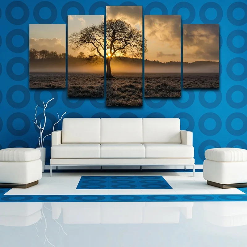 Canvas Painting Vintage Wall Art Frame Printed Pictures 5 Panel Poster Sunrise Tree Landscape Photo For Living Room Decor 