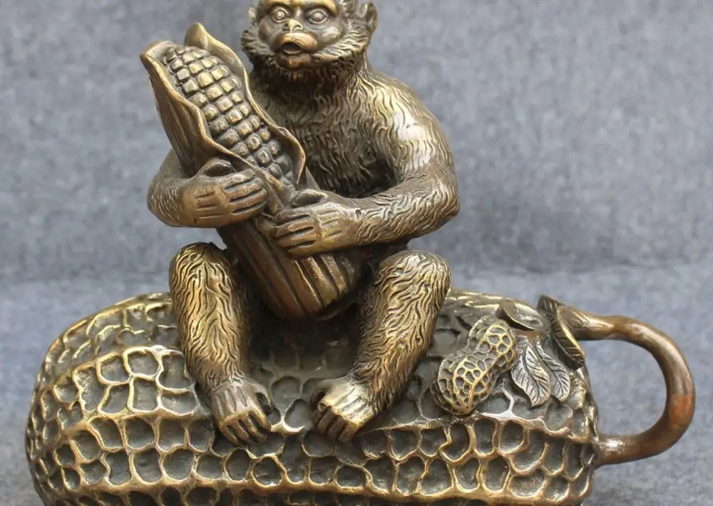 

8" Chinese Bronze Fengshui Zodiac Year Monkey Hold Corn Peanut Animal Statue