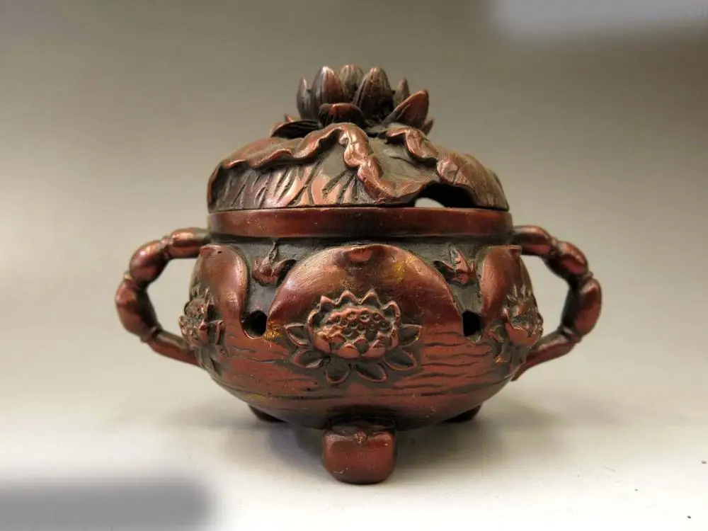 

DS China bronze censer sculpture carved copper many lotus Incense Burner Statue