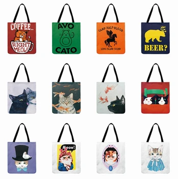 

Reusable Shopping Bag Cartoon Meow Illustration Printed Casual Tote Linen Fabric Tote Bag For Women Fashion Beach Bag