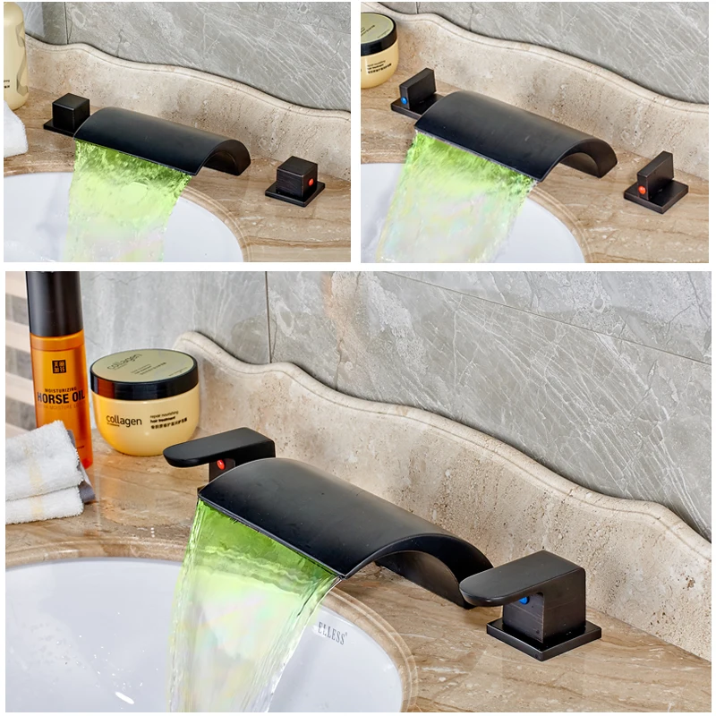 

Deck Mounted 3 Color Change LED Light Waterfall Basin Sink Mixer Faucet Dual Handle Oil Rubbed Bronze Finish