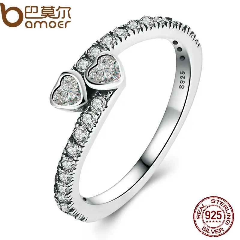 

BAMOER Genuine 925 Sterling Silver Forever Hearts, Clear CZ Finger Ring Women Wedding Jewelry PA7614