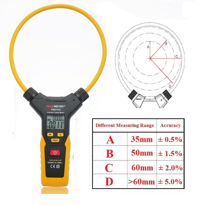 

PeakMeter Auto Range Multimetro 3000A AC Ammeter Digital Flexible Clamp Meter with Tool Bag