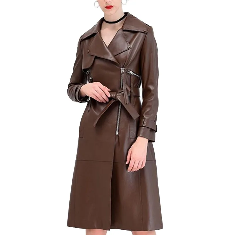 Кожаная куртка для женщин Весна Осень Высокое качество Овчина пальто плюс размер Топ Мода женские длинные кожаные куртки 1963