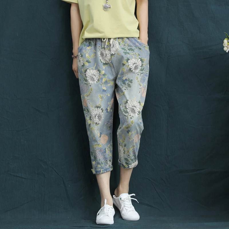 

Summer Capris Floral Print Boyfriend Jeans For Women Harem Pants Elastic Waist Denim Jeans Vaqueros Mujer