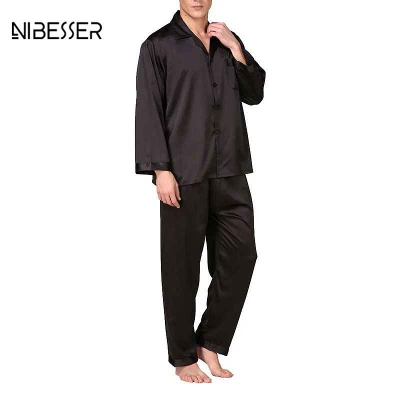 

NIBESSER Men's Spring Autumn And Summer Classic Pajamas Pajama Set Men's Long Sleeve Silk Solid Color Large Size Home Service
