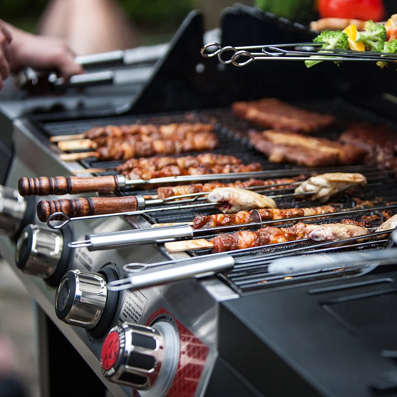 10pcs Row U BBQ roast barbecue High stainless steel needle and wooden handle Skewers for Camping and Kitchen Dining Tools