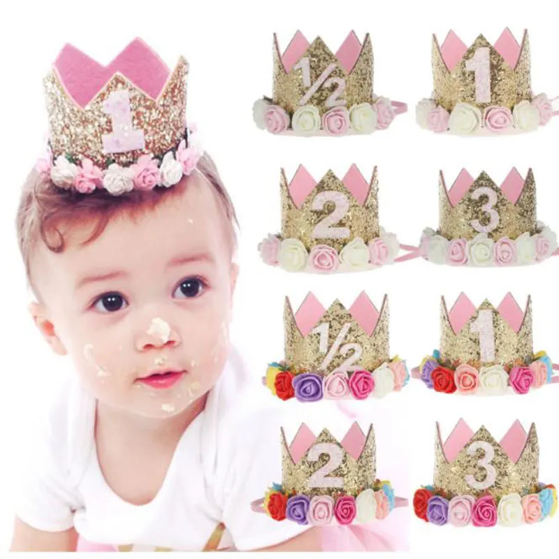 

Baby Girl Headband First Birthday Decor Flower Party Cap Crown1 2 3 Year Number Priness Style Birthday Hair Accessory