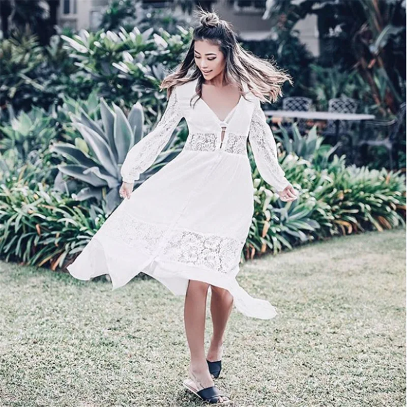 

Swim Suit Women Swimwear Beach Robes Dress Plus Size Cover Up Tunic And New 2019 Cotton Lace Stitching Long Sleeve Skirt Female