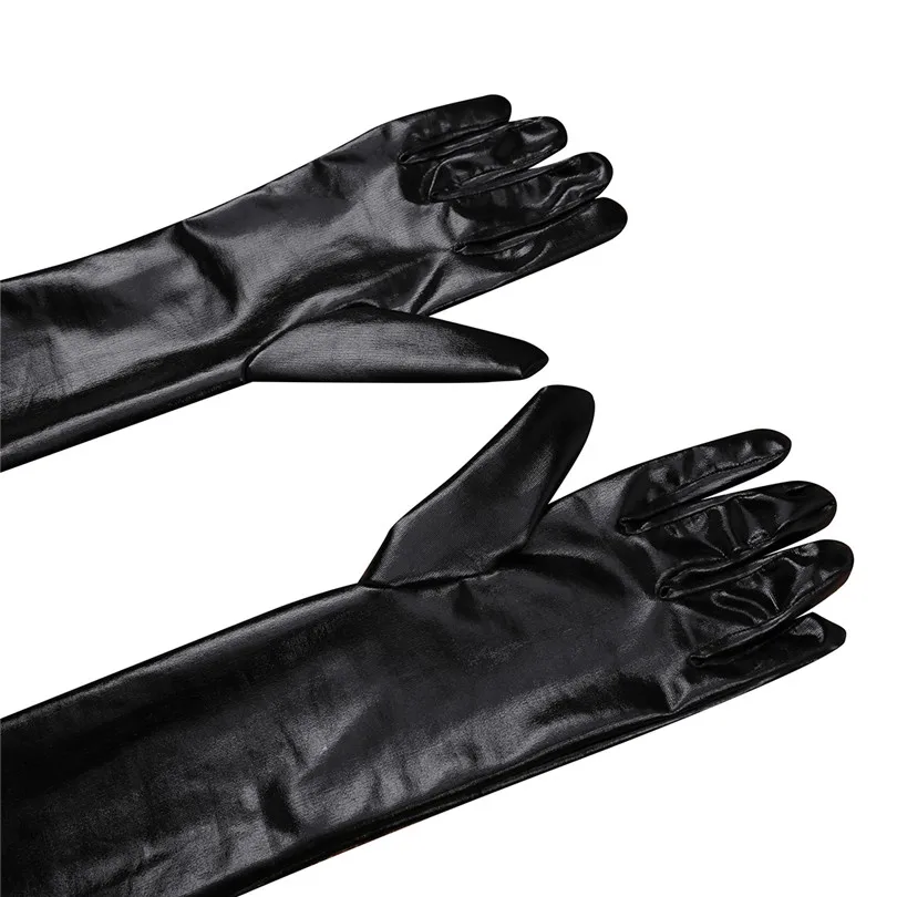 1 пара, черные, для взрослых, Wetlook, мягкие, лакированная кожа, полный палец, длинные перчатки, прочные, блестящие, металлические, вечерние, для клуба, перчатки, варежки