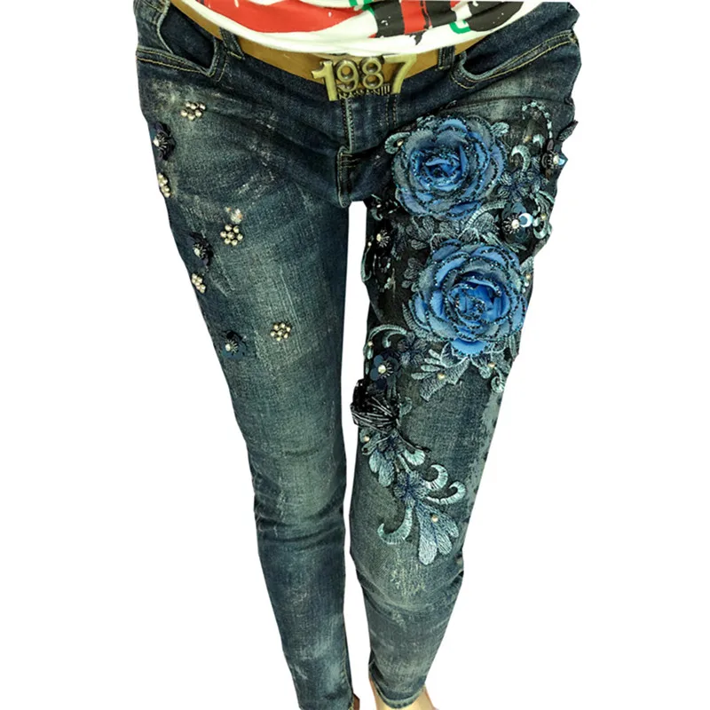 

Women Elastic Jean Pencil Denim Pant Flowers Fashion Jeans Sexy Slim Skinny Pants Trousers Lady Pattern Pencil Pants Female Jean
