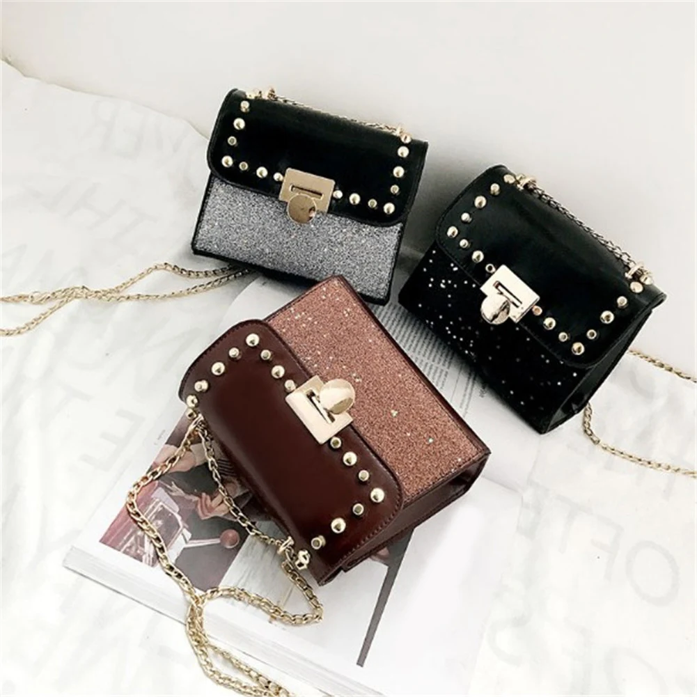 Шикарный Для женщин плечо Cross-body цепи мешок моды заклепки сумка блестка клапаном