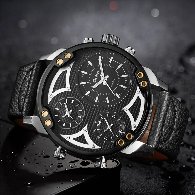 

Oulm Men's Luxury Watches Three Time Zone Sport Watch Casual Leather Man Wristwatch Men Military Watches relogio masculino