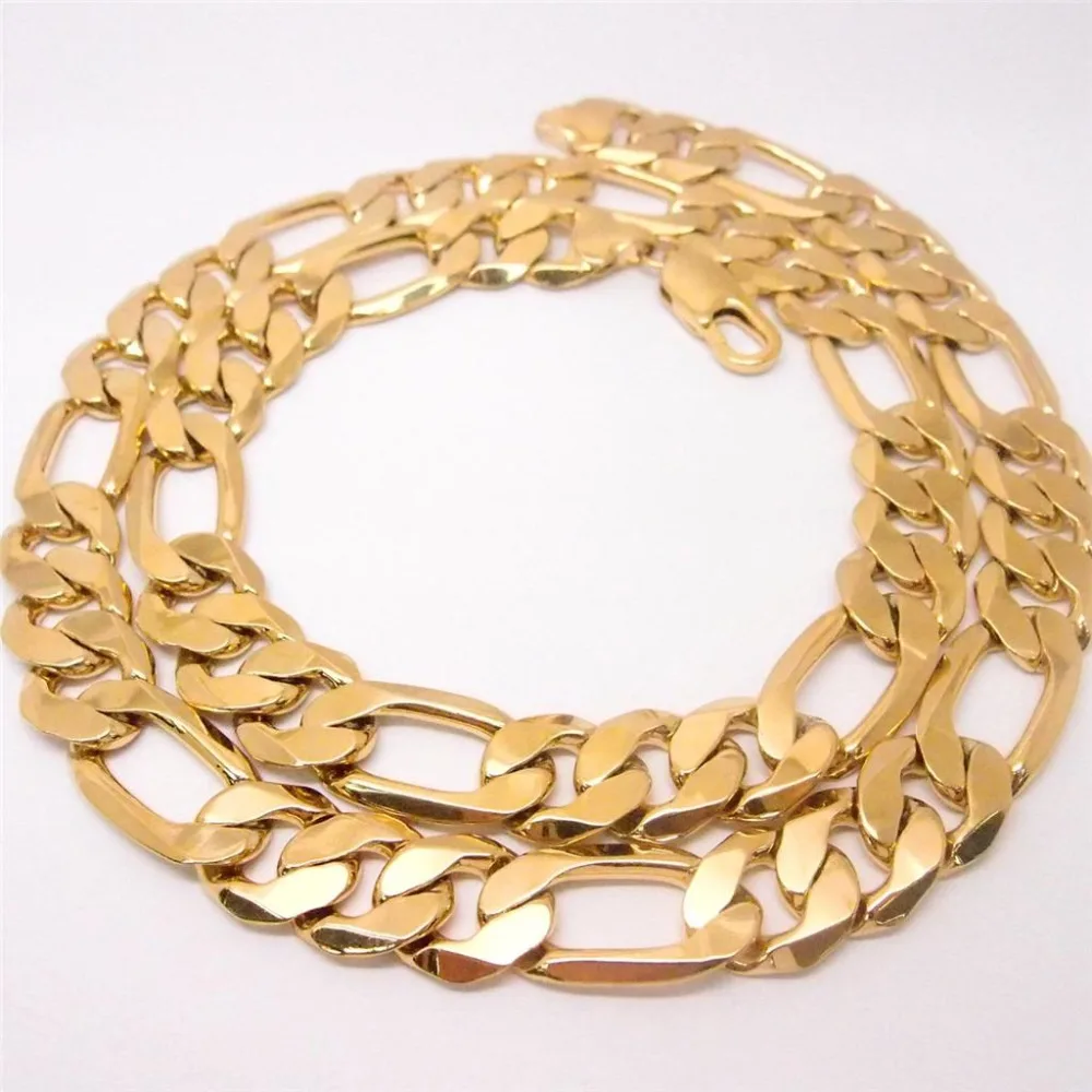 Polymer Protected 24" 12mm 18ct Yellow Gold Plated Chain Necklace Figaro 3+1 