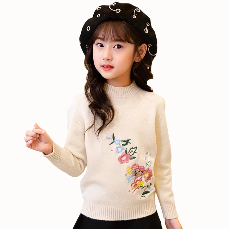 

Girls Embroidered Sweater Girls Thicken Flower Sweater Autumn Spring Knit Sweater Girls Tops Children's Clothes 4 6 8 10 12 14