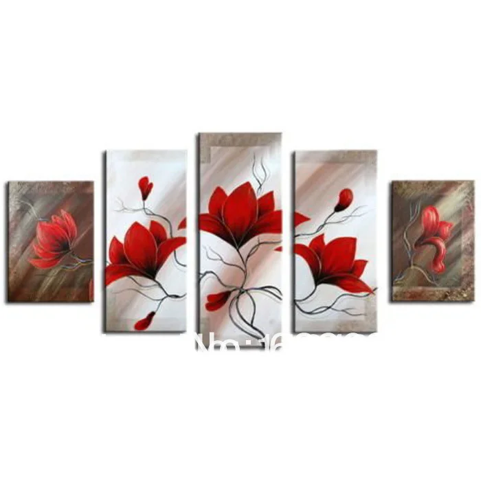 

Free shipping Hand painted dream Waving red flowers Abstract Wall home Decor Oil Painting on canvas 5pcs/set artwork painted