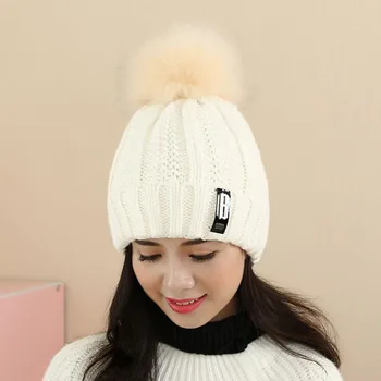 

HOT! Winter Knit Caps Faux Fur Ball Pom Beanies hats thick Letter Warm skullies women crochet Gorros Lady winter style Hat Cap
