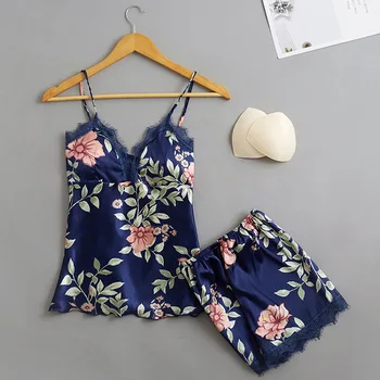 

Spring and Summer New Printed Ribbon with Breast Pad Ice Simulated Silk Suspender Shorts Two-piece Sexy Nightwear Female Home