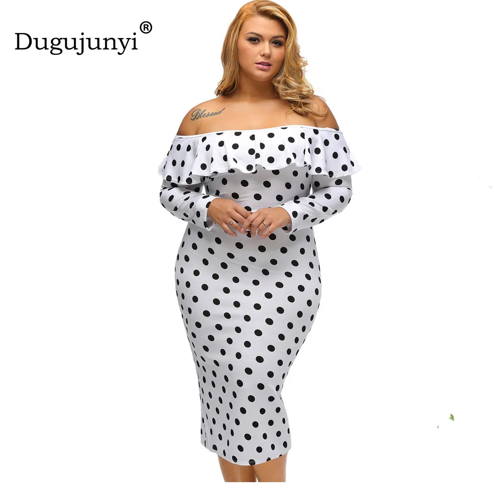 Жира мм Новая мода весна платье Большие размеры XL-3XL Длинные рукава в горошек