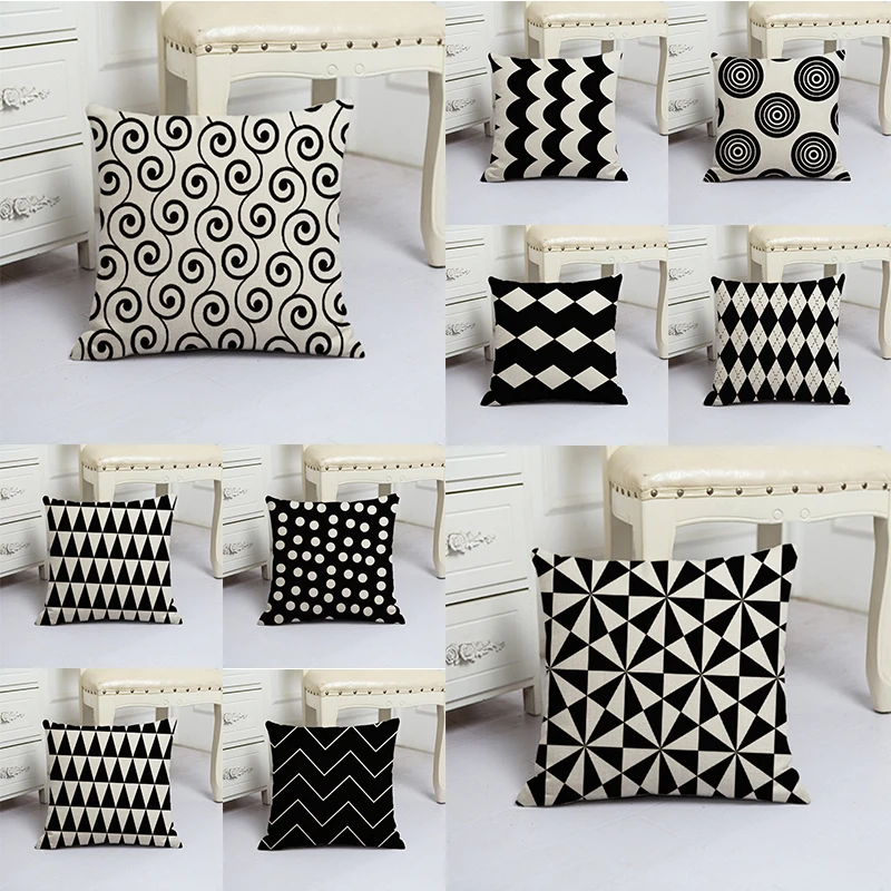 

Geometric Printed Black And White Diamond Cushion Cover Wavy lines Throw Pillow Covers Circle Pillowcase Simple Line Dot Pillows