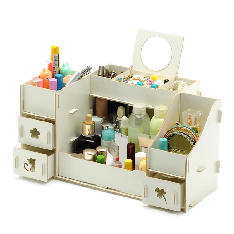 Настольная деревянная коробка для хранения, органайзер для косметики, чехол с зеркалом, органайзер для макияжа, ящики, шкатулка для украшений