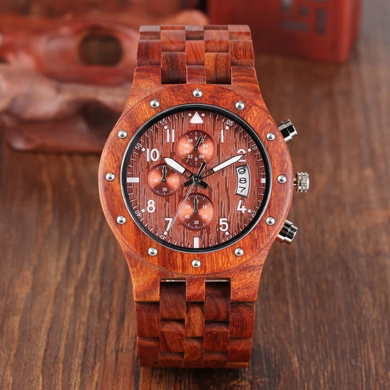 

Wooden Watch Men erkek kol saati Top Luxury Stylish Redwood Timepieces Chronograph Military Date Calendar Quartz Watches for Men