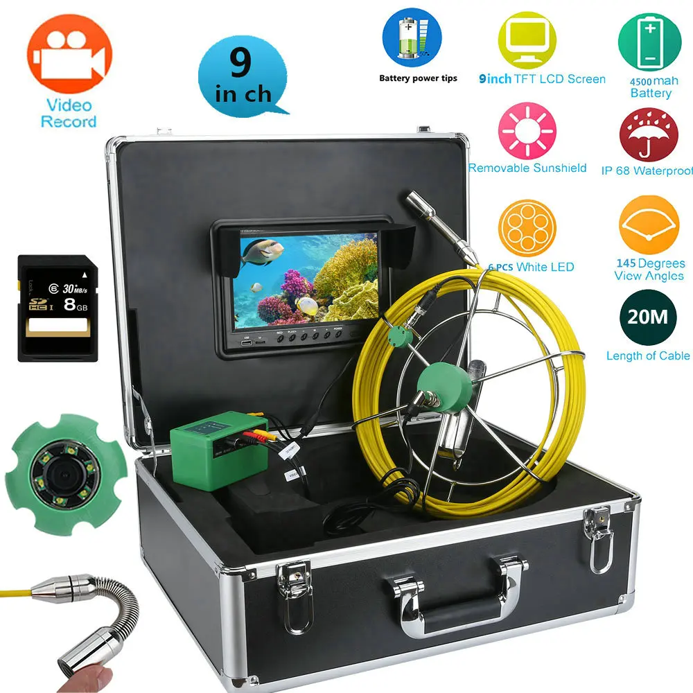 20M IP68 Waterproof Drain Pipe Sewer Inspection Camera System 9"LCD DVR