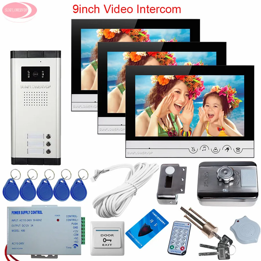 3 Units Video Door Phone Intercom System Telephone Intercom 9'' Video Call for The Entrance Door+Rfid Unlock Electronic Lock Kit