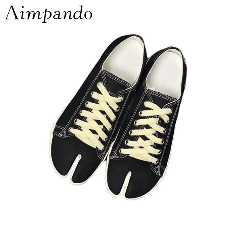 

2019 New Spring Black Canvas Flat Shoes Woman Cross-tied Unique Split Toe Casual Shoes Fashion Women Shoes