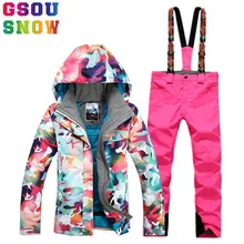 GSOU SNOW Brand лыжный костюм Женская лыжная куртка для сноубординга брюки зимний Водонепроницаемый Горный лыжный костюм Женская Дешевая Куртка для сноубординга