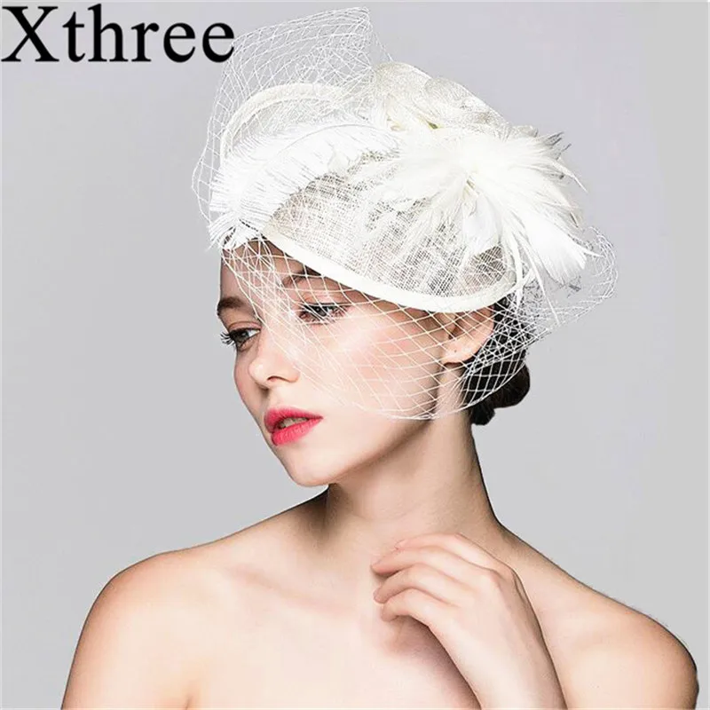 Xthree модная свадебная чистая перо белый фетровая шляпа для женщин Фата невесты цветок вечерние шляпа Банкетный шляпы