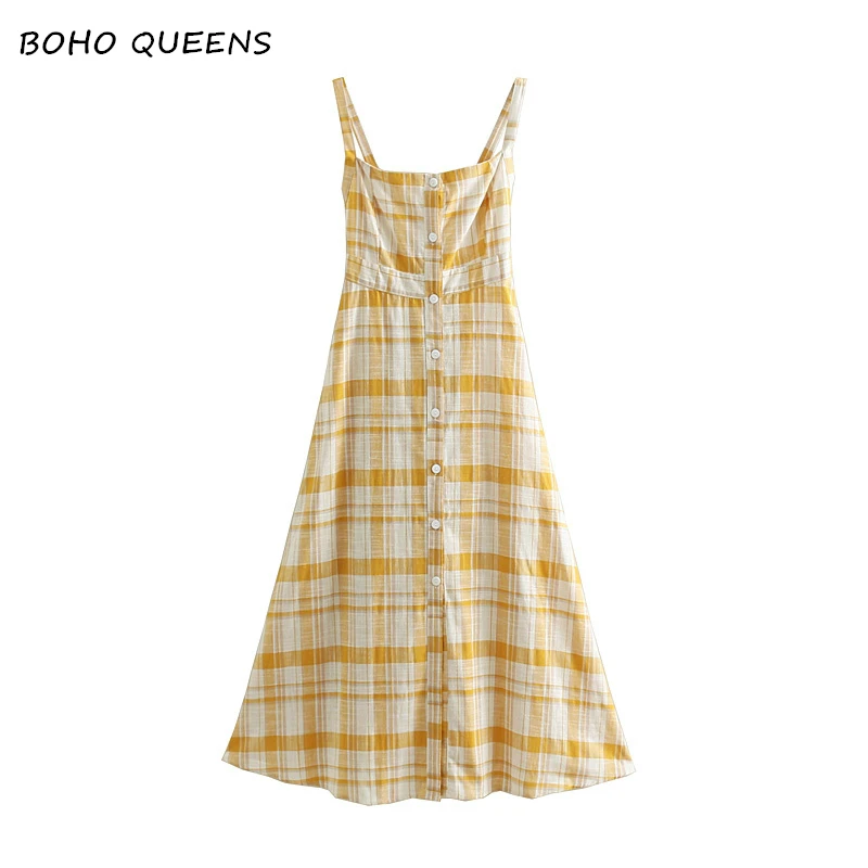 

Boho Chic Women elegant plaid strapless single breasted dress ladies linen cotton Square Collar Maxi dress vestidos