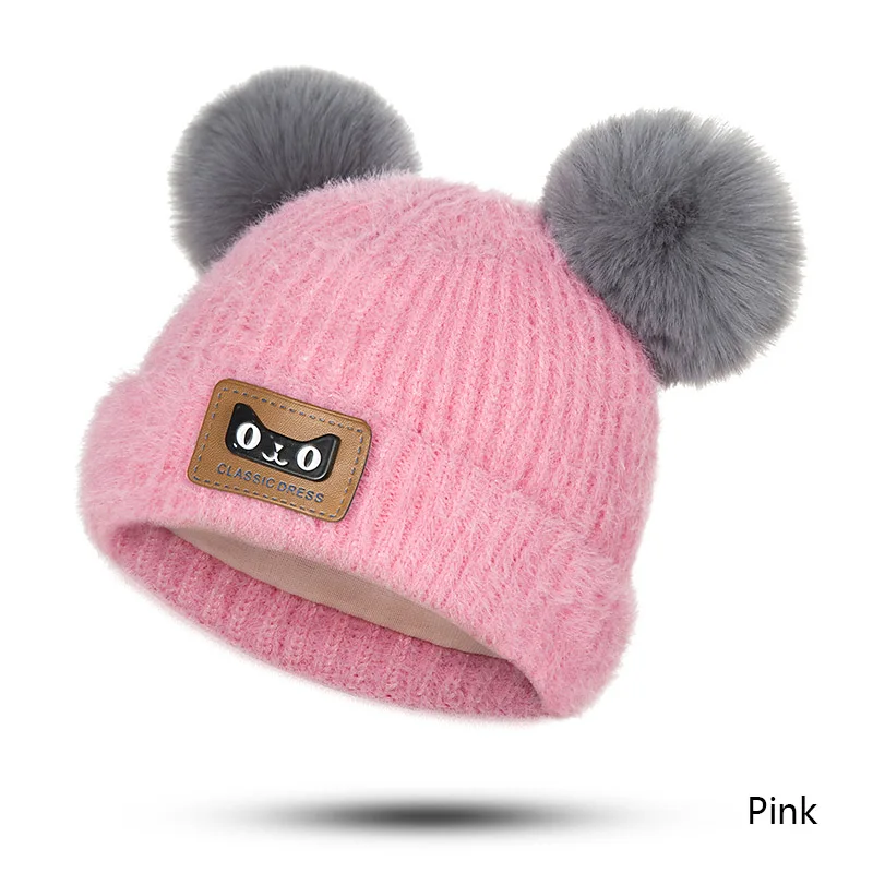 MOLIXINYU/детская зимняя вязаная шапка с меховым помпоном; детская теплая шапка с двумя меховыми помпонами для маленьких мальчиков и девочек; модные шапочки - Цвет: Pink