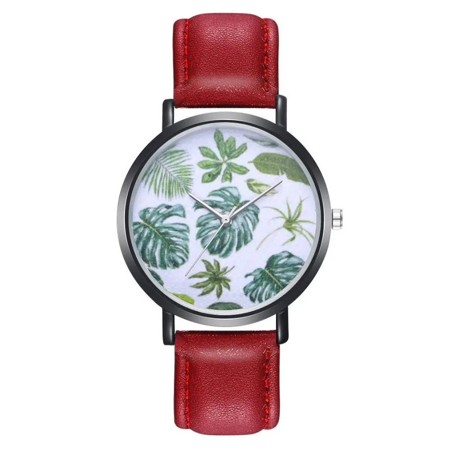 

TZ#501 Beautiful Fashion Plant Pattern Leather Band Quartz Vogue Watches Free Shipping