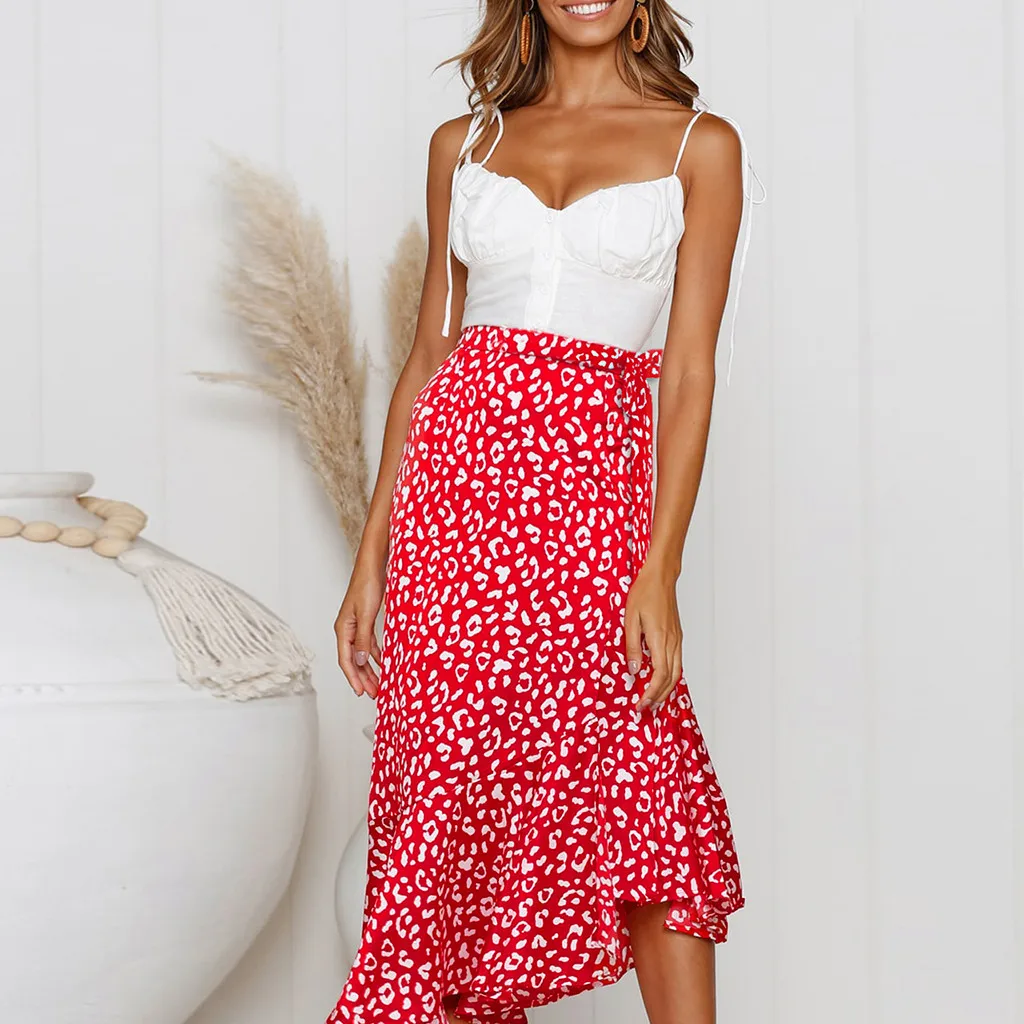 

SAGACE fashion Women skirt summer casuap Elastic Waist Leopard Asymmetrical Vintage High waist Loose Long Maxi Skirt Swing 401