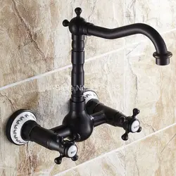 Black Oil Rubbed Bronze Wall Mounted Dual Cross Handles Swivel Kitchen Bathroom Sink Basin Faucet Mixer Tap aan016