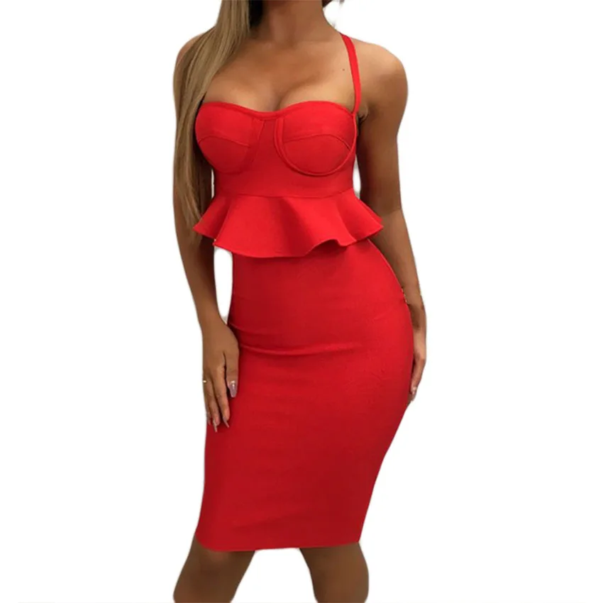 

2019 New Spaghetti Strap Bandage Dress Women Sleeveless Ruffle Bodycon Fashion Vestidos Two Piece Sets Women Party Dress