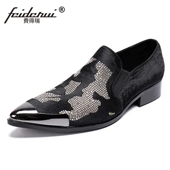 

Plus Size Italian Designer Pointed Toe Slip on Man Outdoor Loafers Genuine Leather Metal Trim Rhinestone Men's Party Shoes SL514