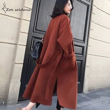 Zoe Saldana женское повседневное шерстяное пальто с длинным рукавом и отложным воротником зимнее пальто с поясом свободное солидное пальто