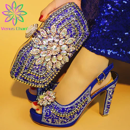 Г. Новые фиолетовые итальянские шлепанцы с сумочкой в комплекте, вечерние женские туфли-лодочки в африканском стиле и сумочка в комплекте, большие размеры 38-42 - Цвет: Синий