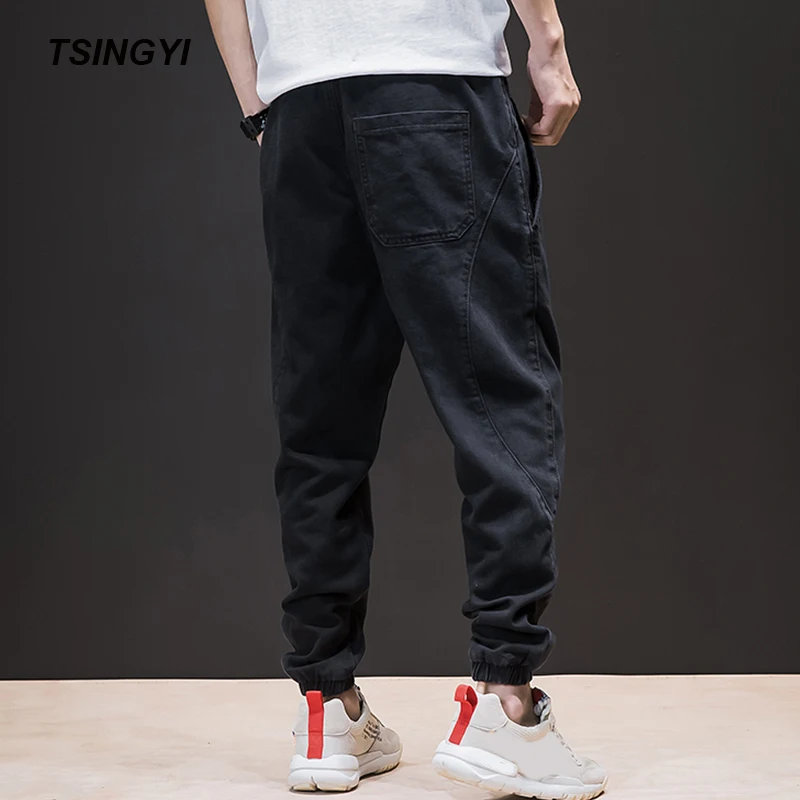 Tsingyi Spring Summer Japan Style Do old Wash Denim Jeans Blue Black Mens joggers Hip Hop Drawstring Plus size Men's Harem Pants